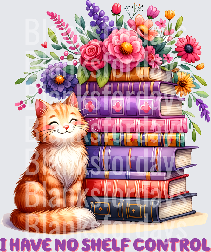 Happy Orange Cat Stacked Books Floral I Have No Shelf Control (DTF)