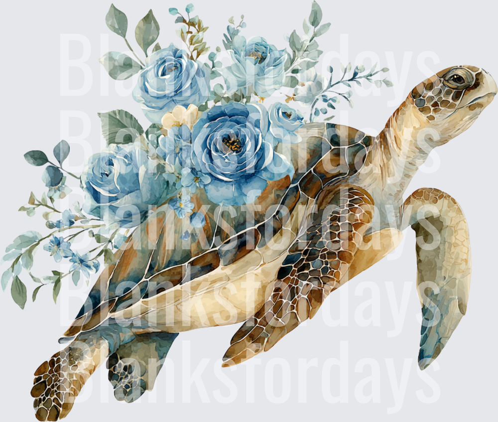 Watercolor Sea Turtle with Blue Roses Floral Bouquet (DTF)