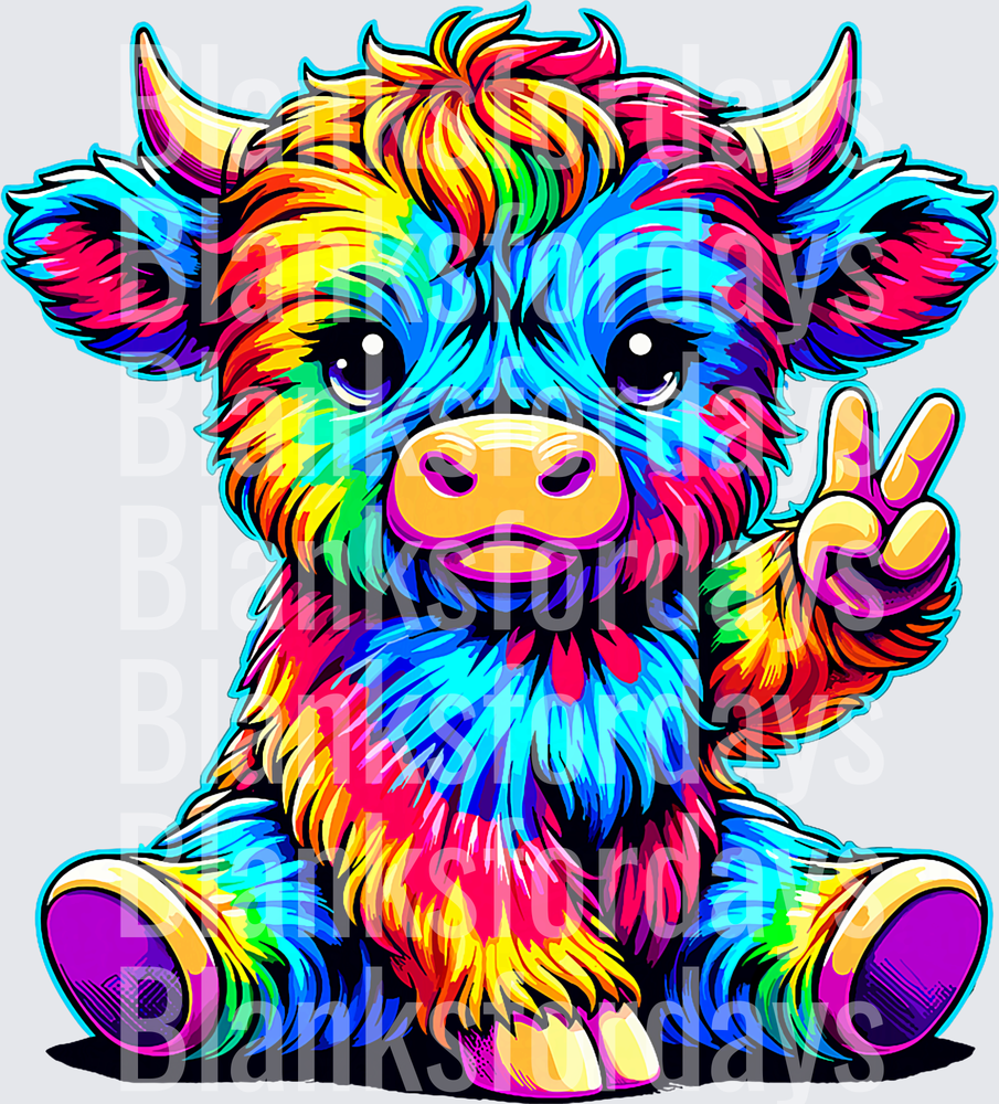 Colorful Tie Dye Baby Highland Cow Flashing Peace Sign (DTF)