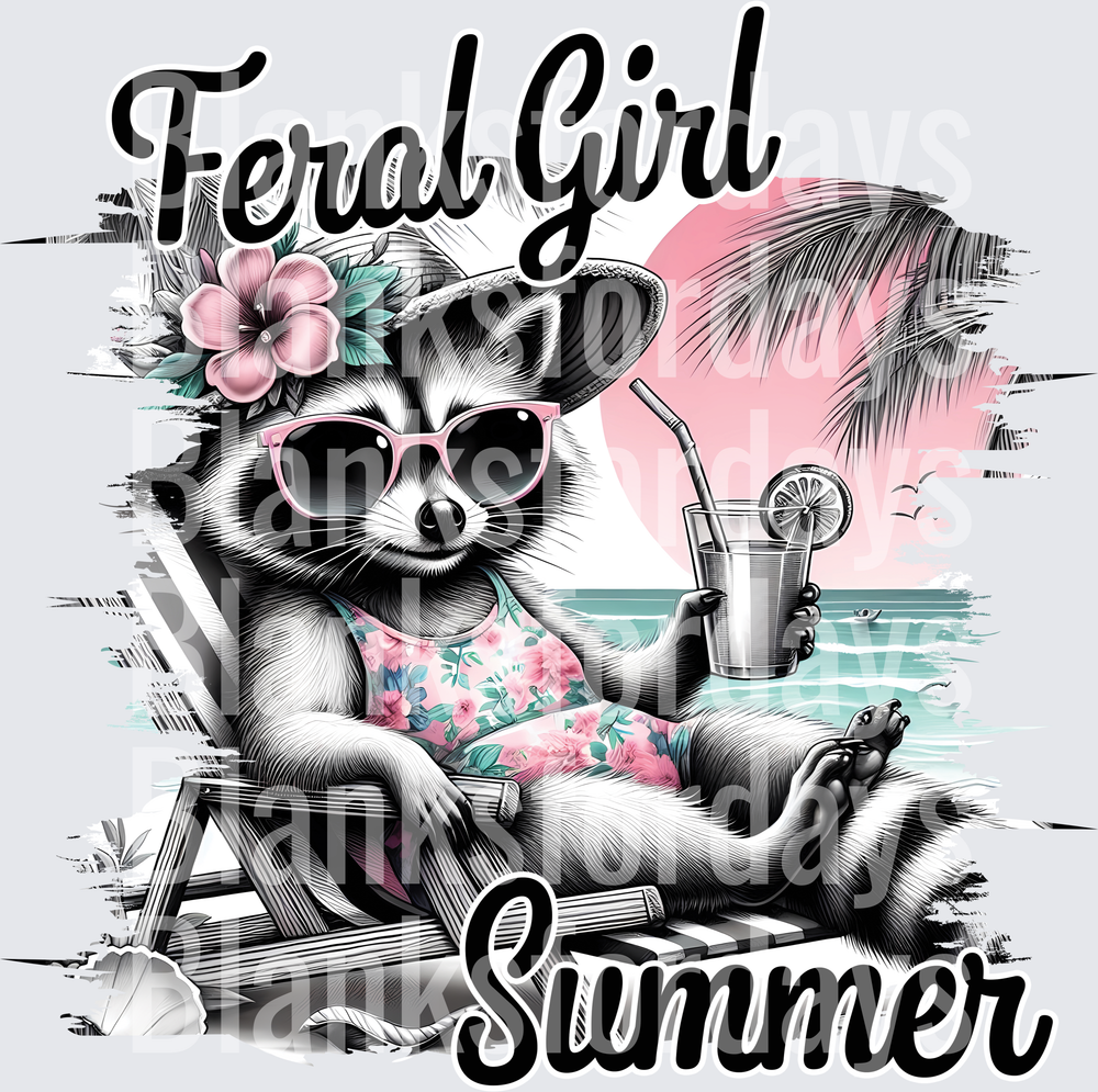 Feral Girl Summer Raccoon Beach Lounging Tropical Sunset (DTF)