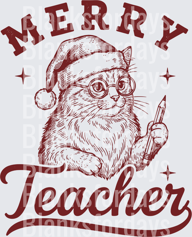Merry Teacher Santa Cat with Glasses Holding Pencil (DTF)