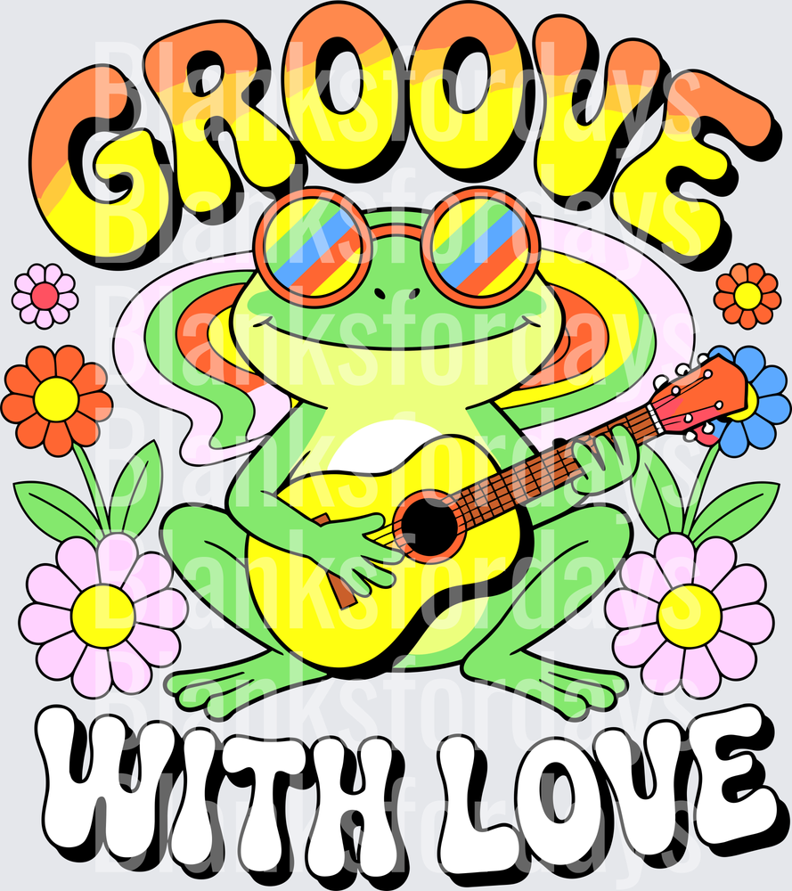 Groove With Love Retro Hippie Frog Playing Guitar Flowers (DTF)