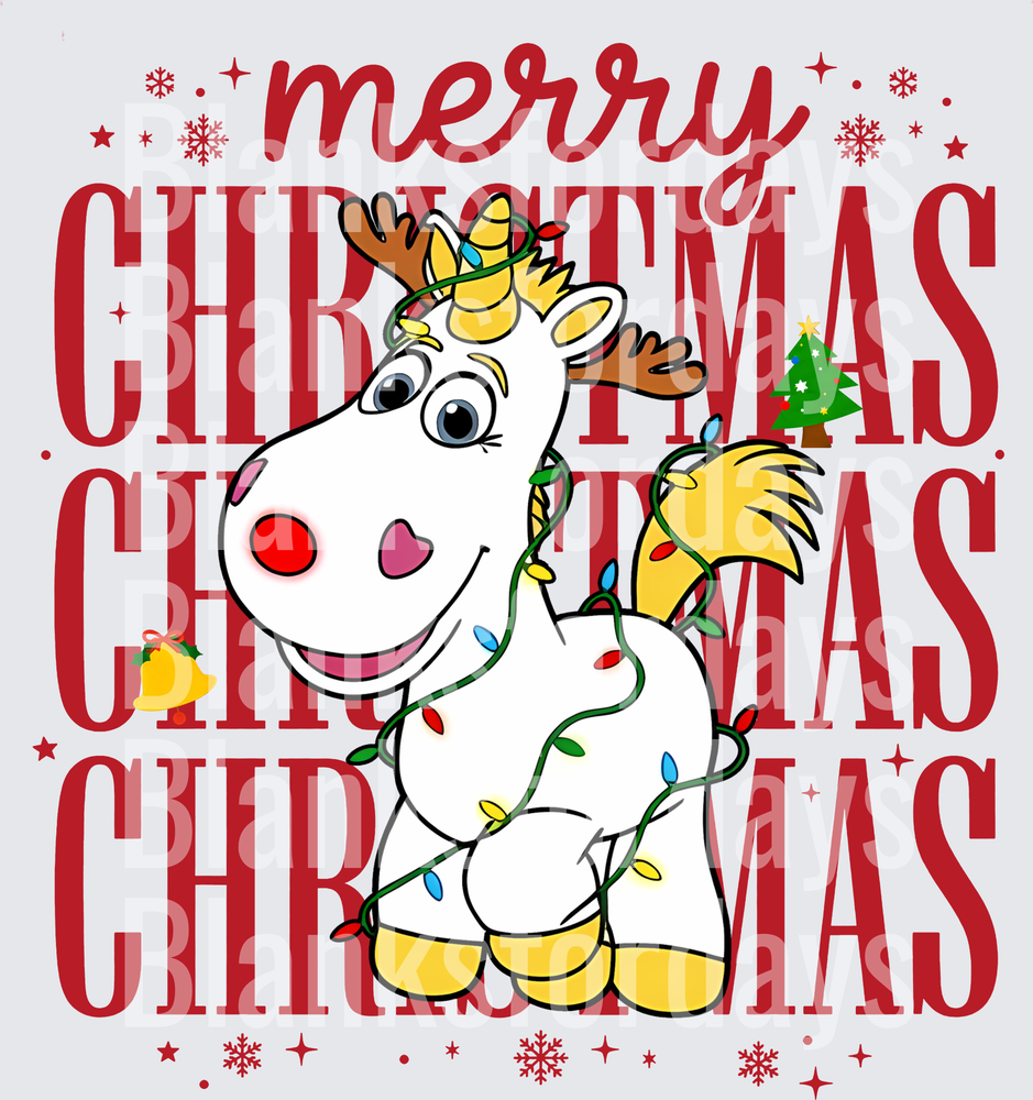 Merry Christmas Unicorn Reindeer Wrapped in Holiday Lights (DTF)