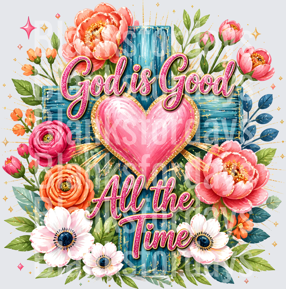 God is Good All the Time Floral Cross with Pink Heart (DTF)