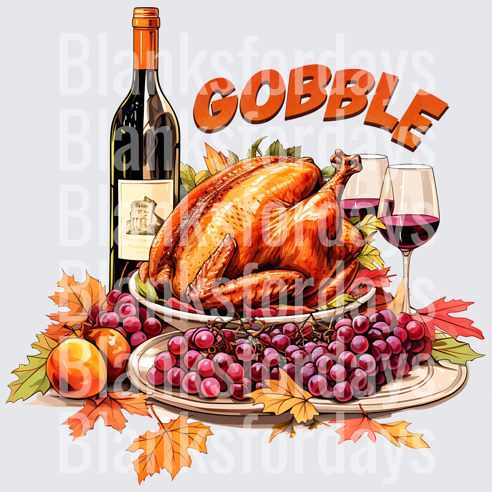 Gobble Thanksgiving Roasted Turkey Wine Grapes Fall Leaves (DTF)