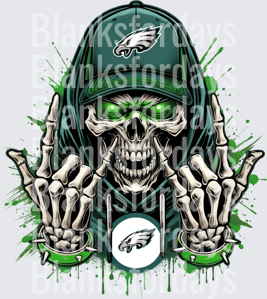 Philadelphia Eagles Skull Skeleton Hands Green Eyes Fan Art (DTF)