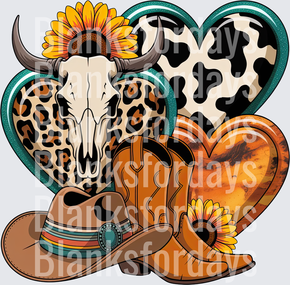 Western Bull Skull Sunflower Cowboy Hat Boots Heart Trio (DTF)