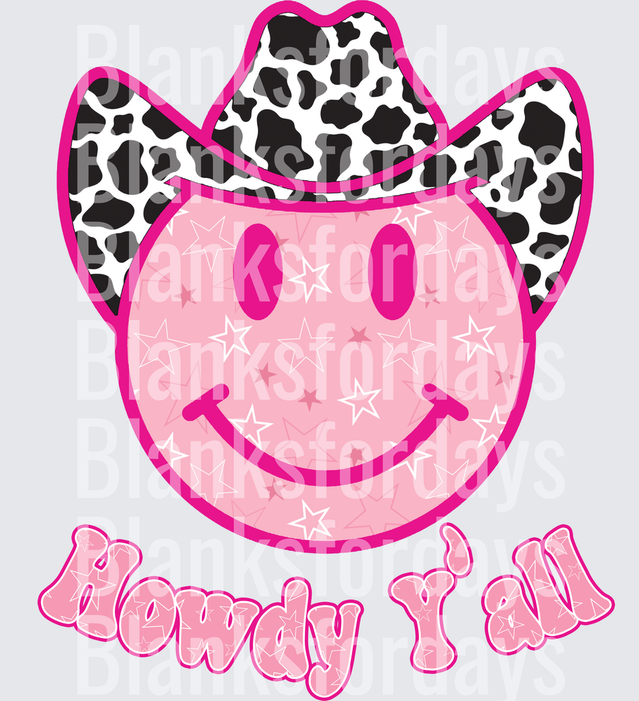 Pink Cowgirl Smiley Face Cow Print Hat Howdy Y'all (DTF)