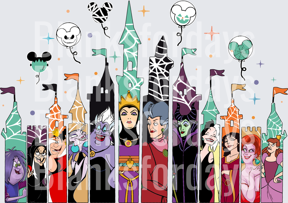Disney Villains Halloween Castle Skyline with Mickey Balloons (DTF)