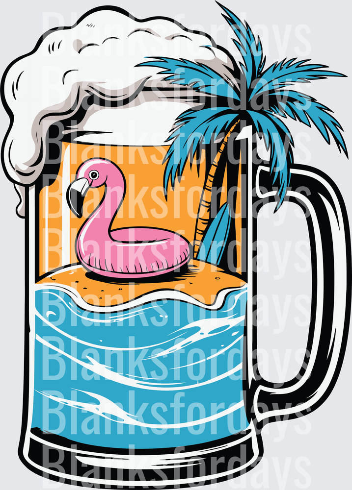 Tropical Beach Beer Mug with Pink Flamingo Float and Palm Tree (DTF)