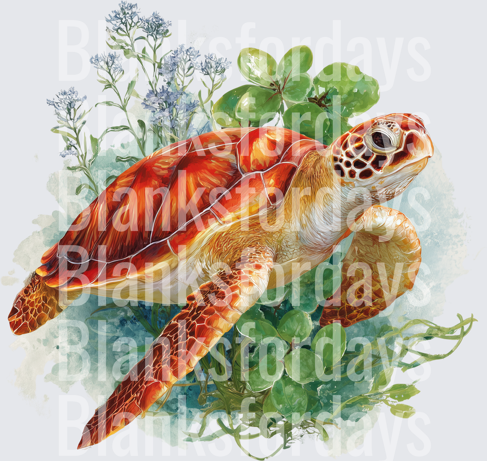 Watercolor Sea Turtle with Botanical Flowers and Seagrass (DTF)