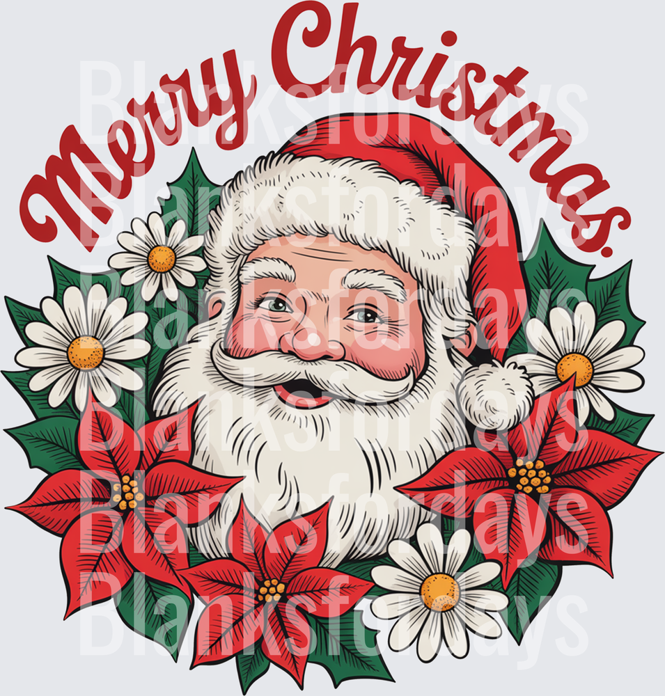 Merry Christmas Vintage Santa Claus Poinsettia Daisy Floral (DTF)