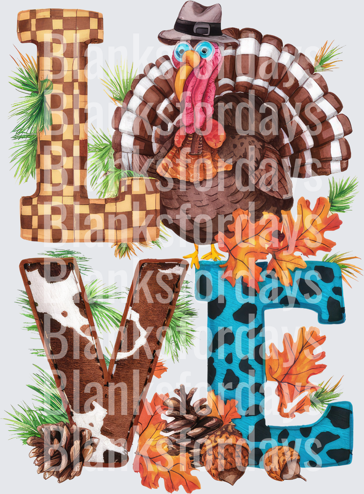 LOVE Thanksgiving Turkey Pilgrim Hat Fall Leaves Letters (DTF)