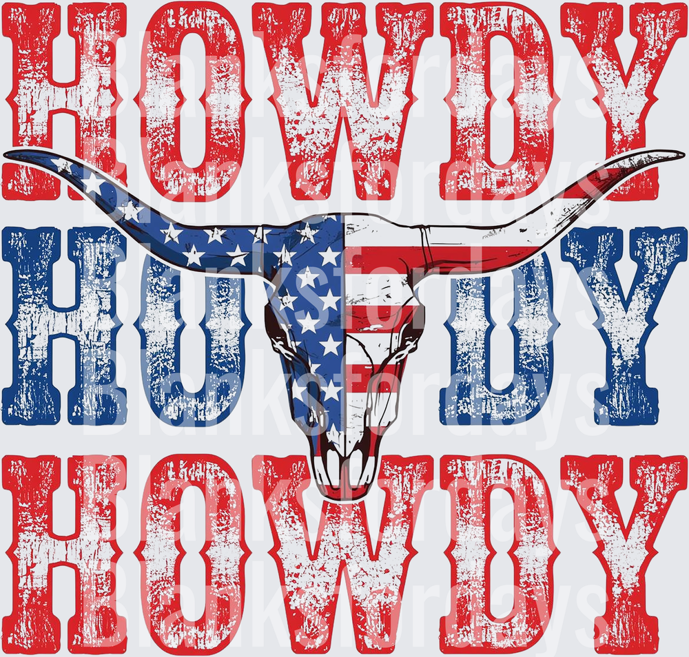 Howdy Patriotic American Flag Longhorn Skull Western Stacked (DTF)
