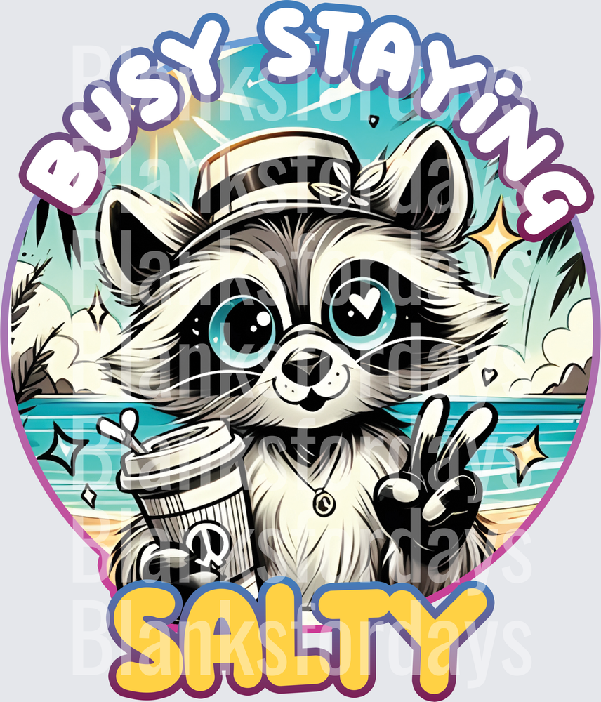 Busy Staying Salty Cute Raccoon Beach Coffee Peace Sign (DTF)