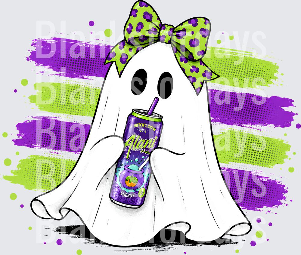 Cute Ghost with Leopard Bow Drinking Alani Nu Witch's Brew (DTF)