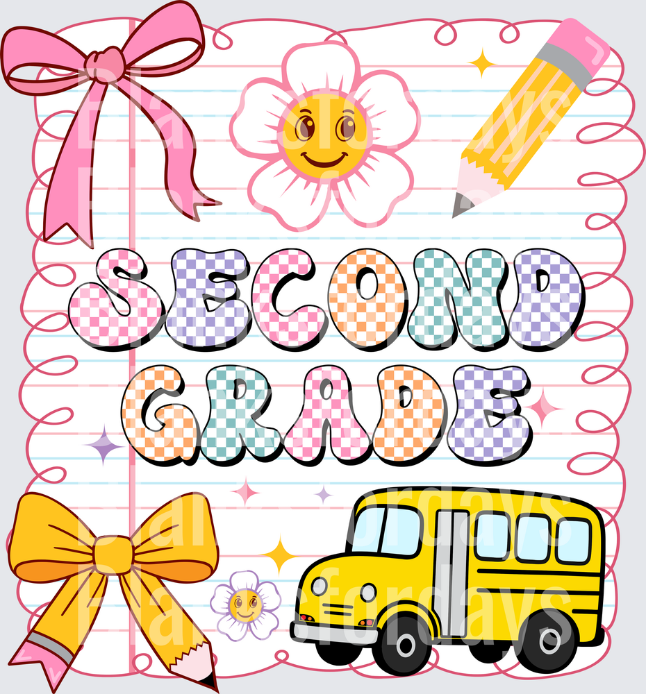 Second Grade Checkered Retro School Design with Bus and Bows (DTF)
