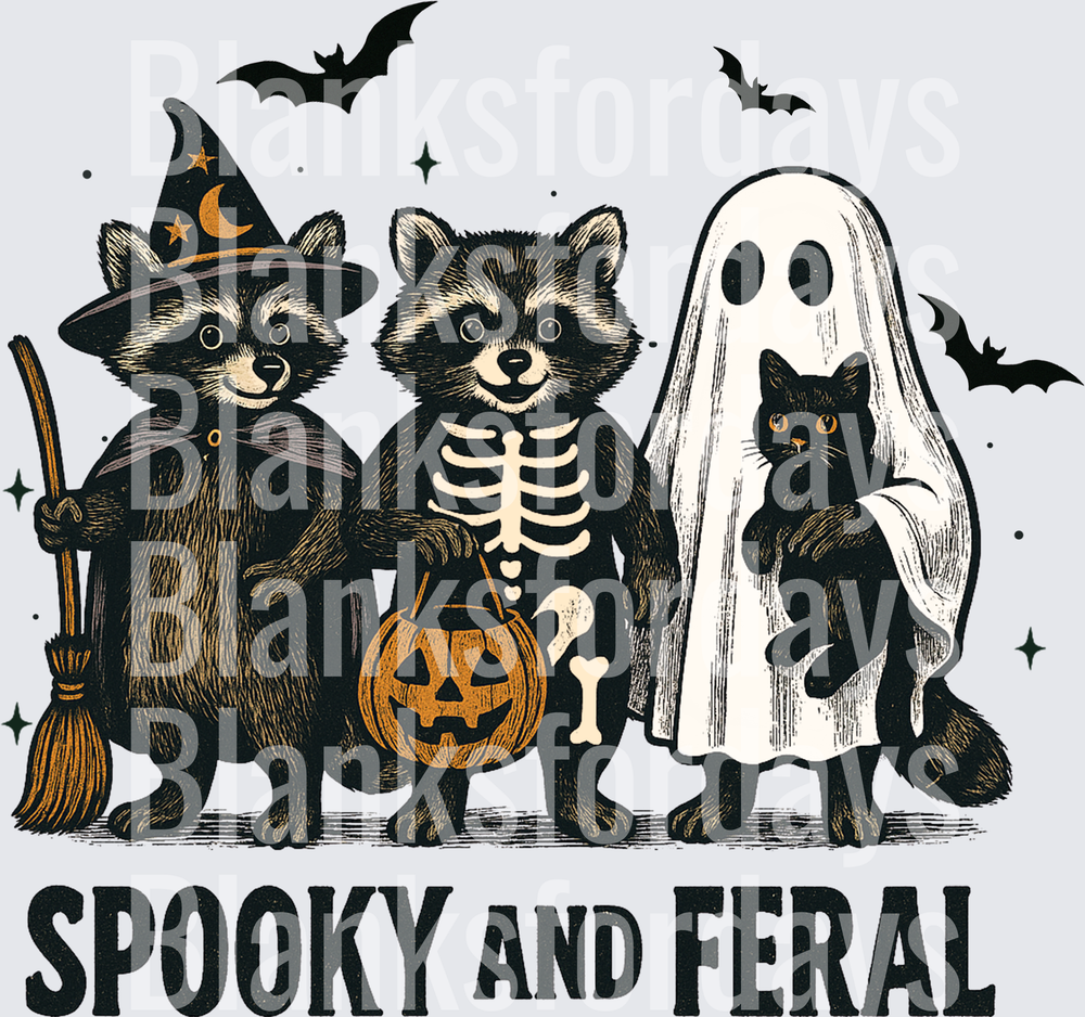 Spooky and Feral Halloween Raccoons with Black Cat (DTF)