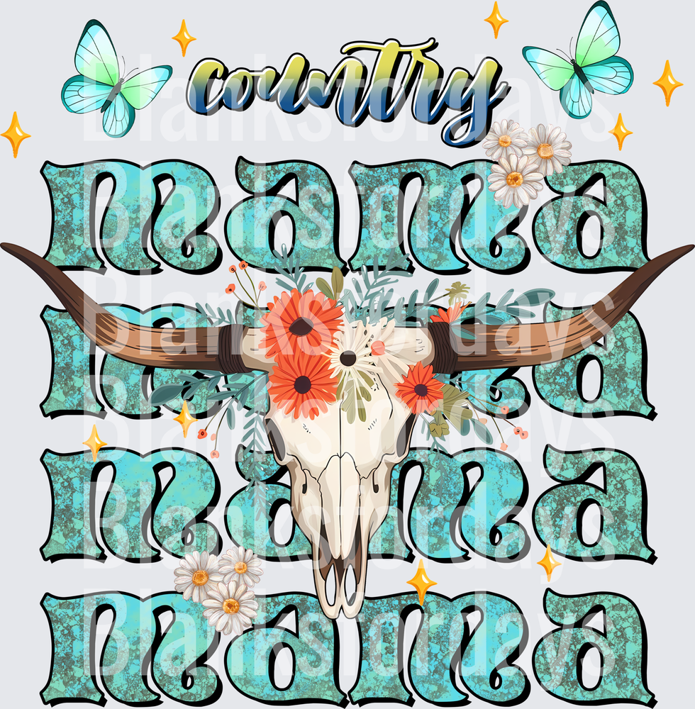 Country Mama Turquoise Longhorn Skull Floral Butterfly Design (DTF)