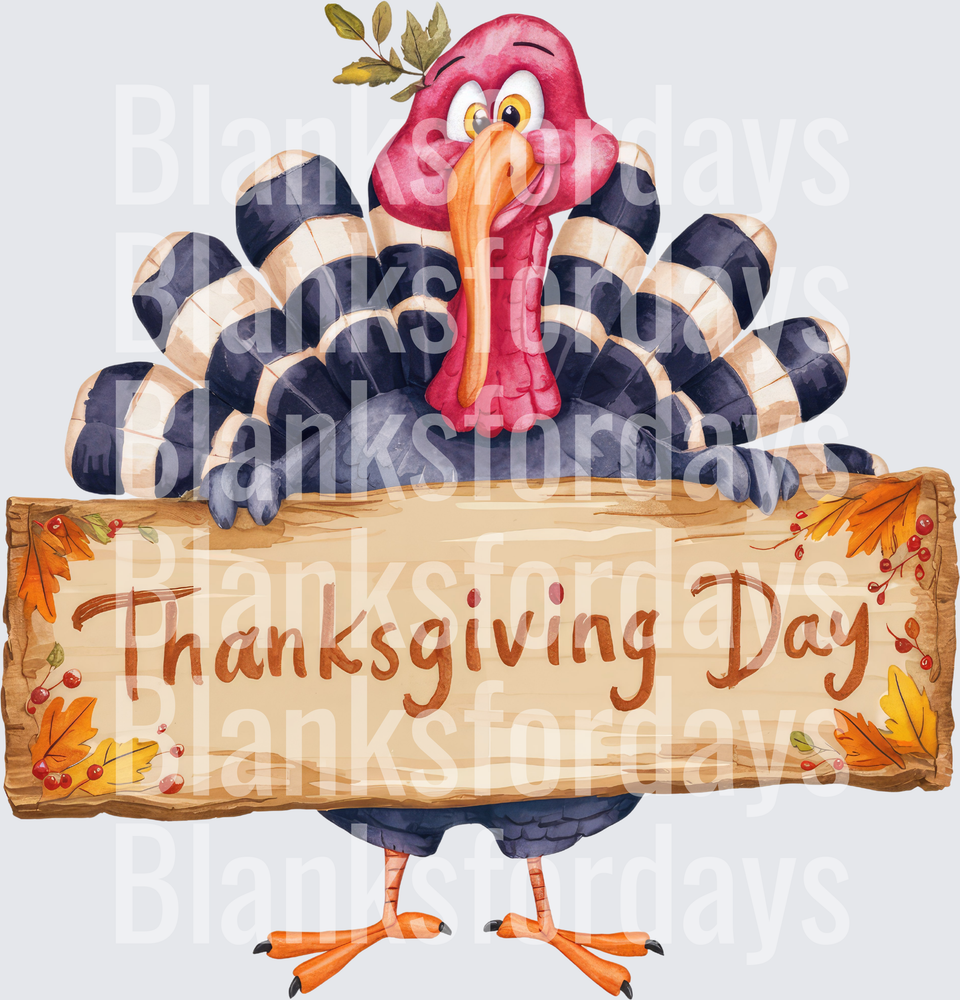 Cartoon Turkey Holding Thanksgiving Day Wooden Sign (DTF)