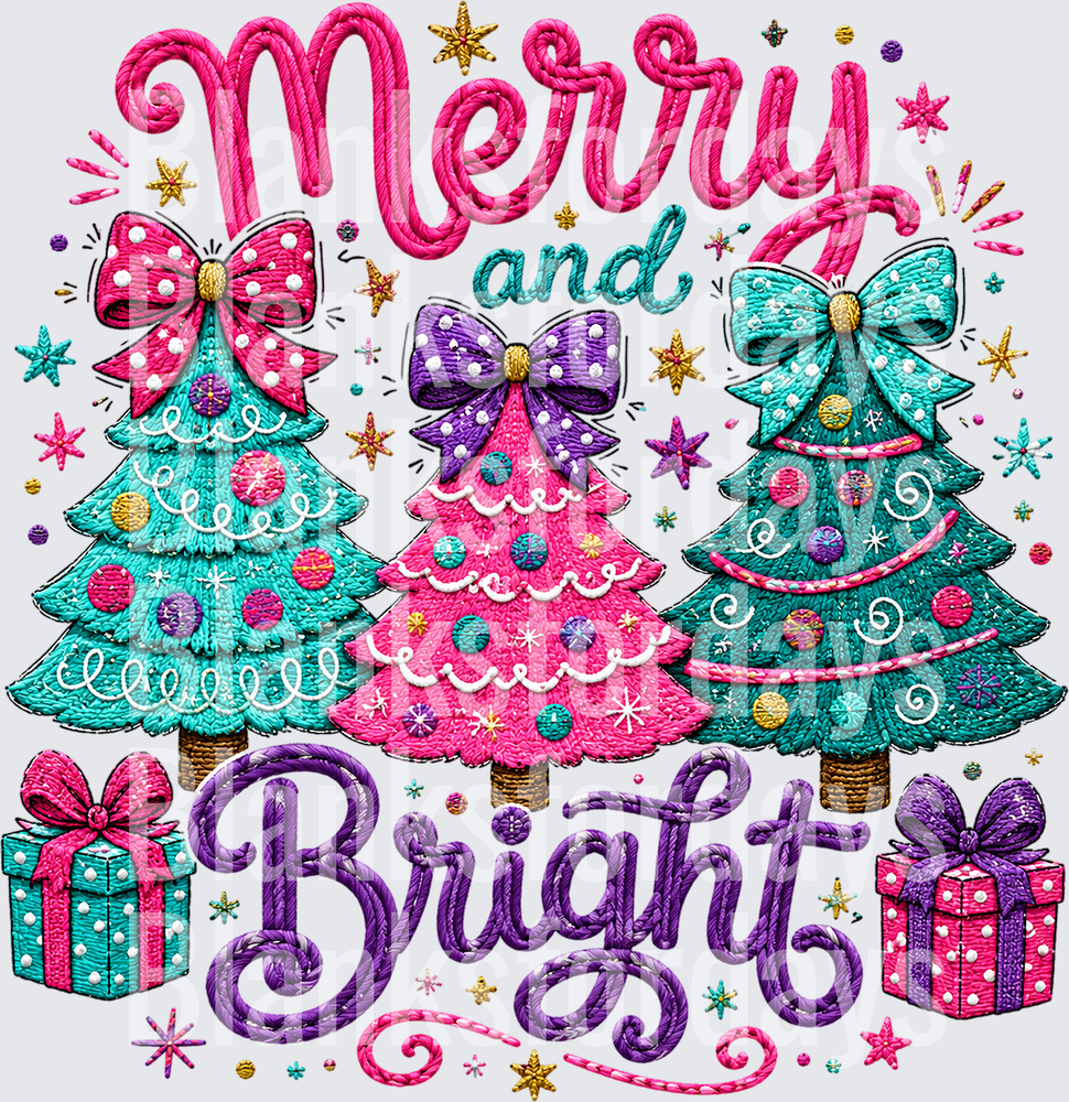 Merry and Bright Embroidery Style Christmas Trees with Bows (DTF)