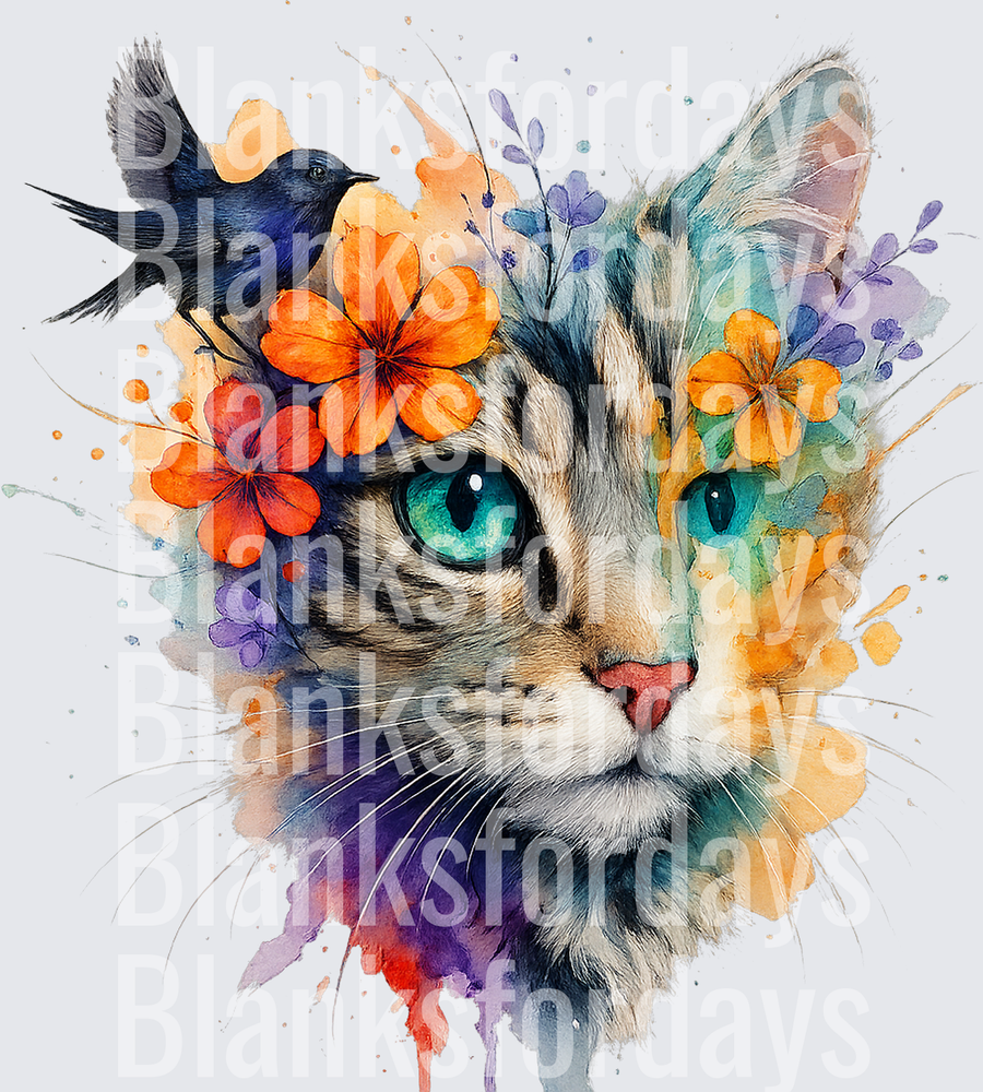 Watercolor Tabby Cat with Teal Eyes Orange Flowers and Bird (DTF)