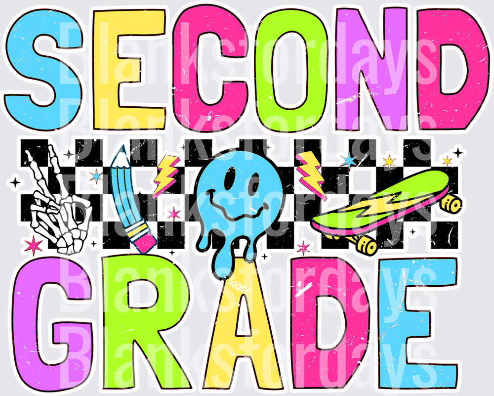 Second Grade Retro Smiley Skeleton Hand Skateboard Design (DTF)