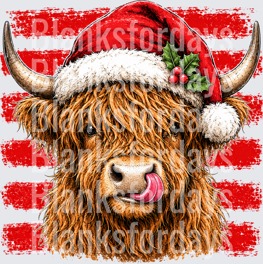 Christmas Highland Cow Santa Hat Holly Tongue Out Red Stripes (DTF)