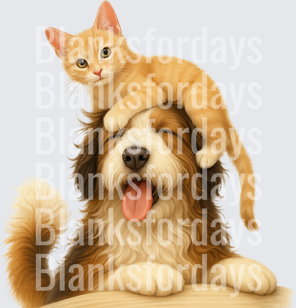 Orange Tabby Kitten Sitting on Happy Fluffy Dog's Head (DTF)