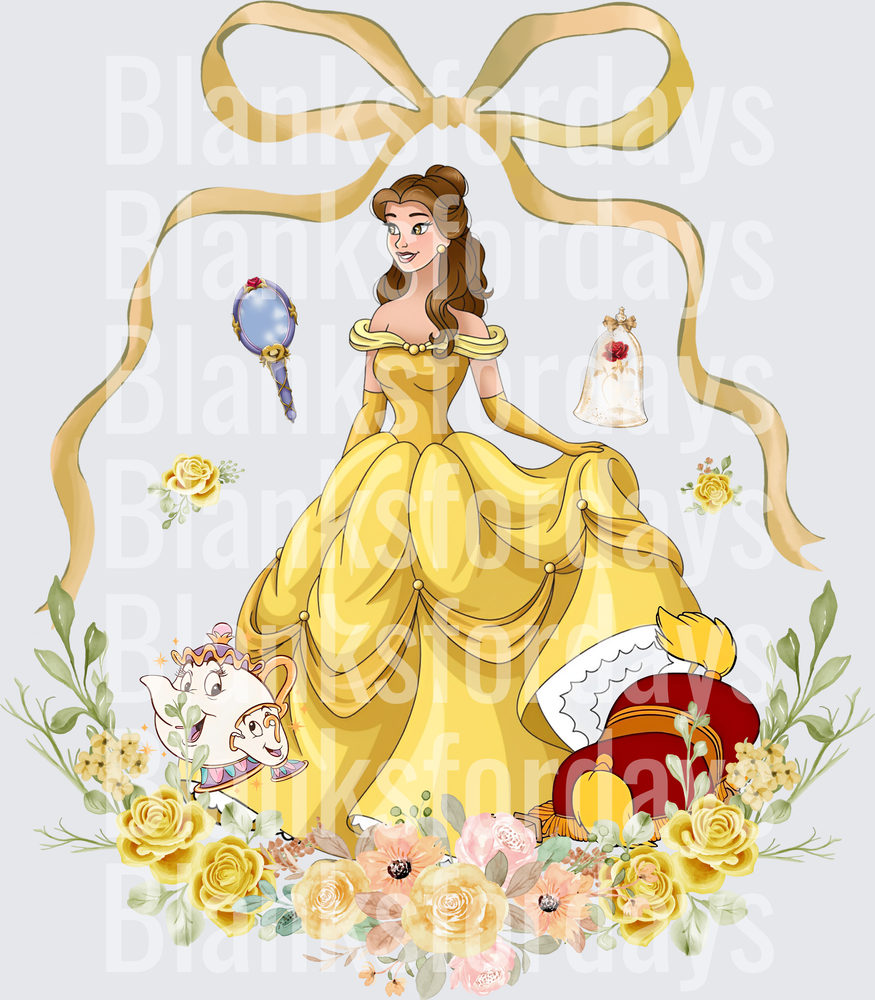 Belle Beauty and the Beast Floral Gold Bow Princess Design (DTF)