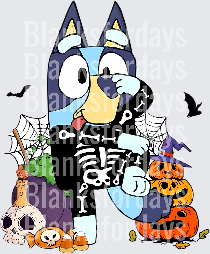 Bluey Halloween Skeleton Costume Pumpkins Bats Spider Web (DTF)