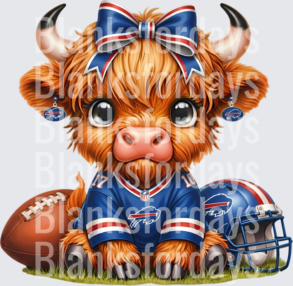 Cute Highland Cow Buffalo Bills Fan Girl with Bow and Jersey (DTF)