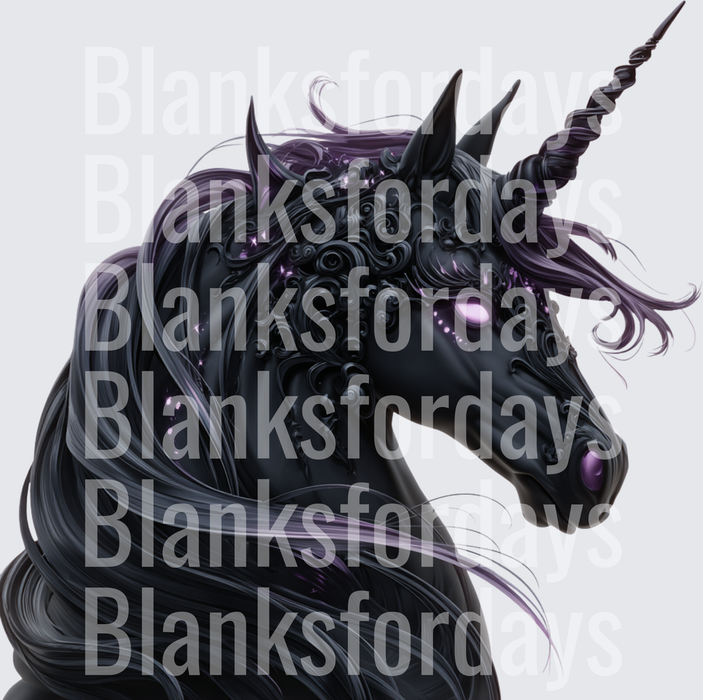 Dark Gothic Black Unicorn with Purple Eyes and Flowing Mane (DTF)