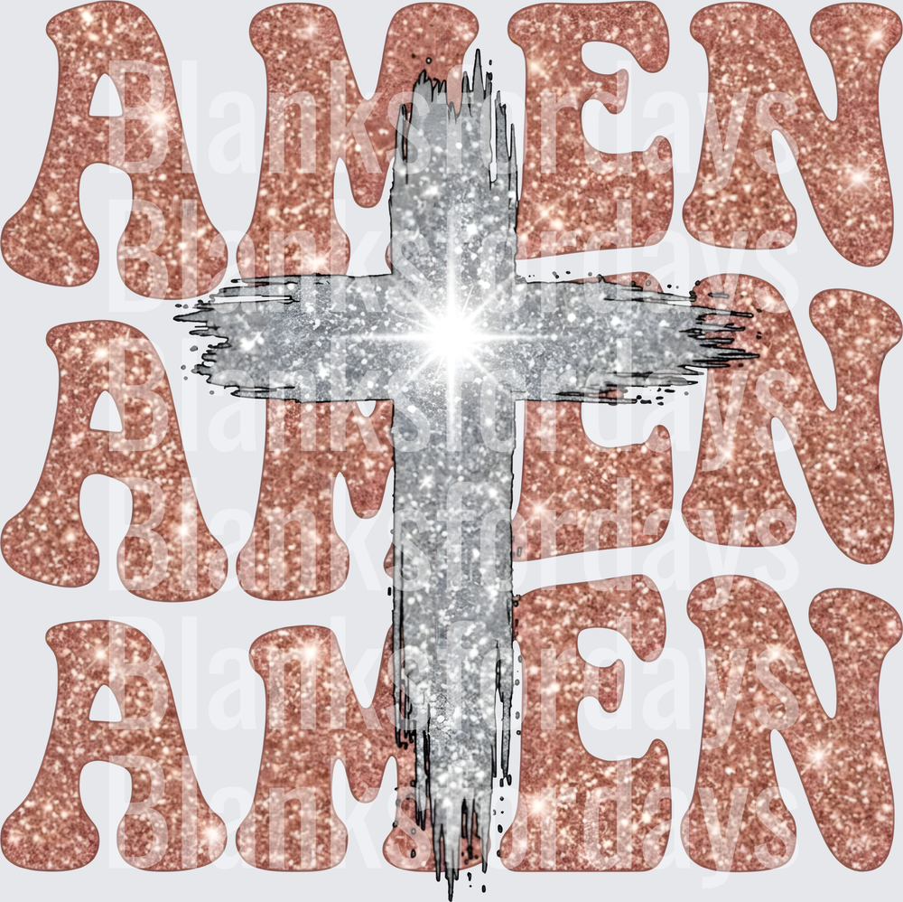 Amen Triple Stacked Rose Gold Glitter Silver Cross (DTF)