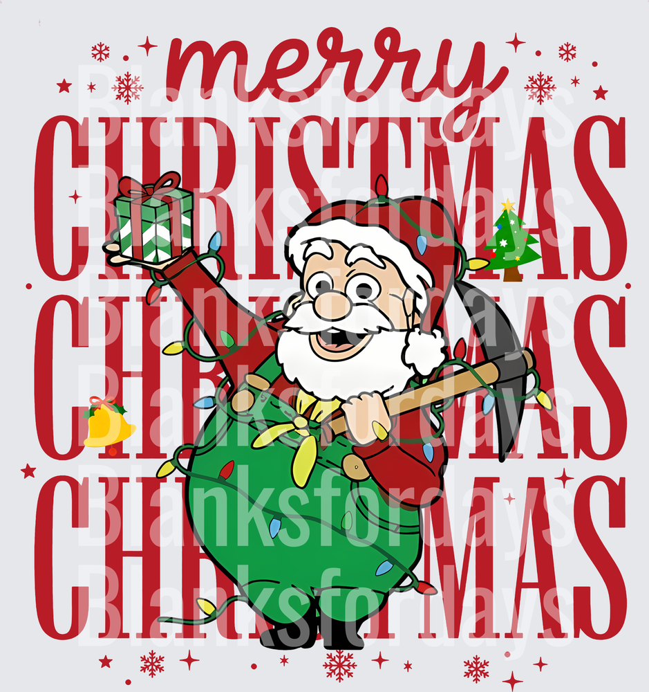Merry Christmas Santa Tangled in Lights Holding Hammer Gift (DTF)