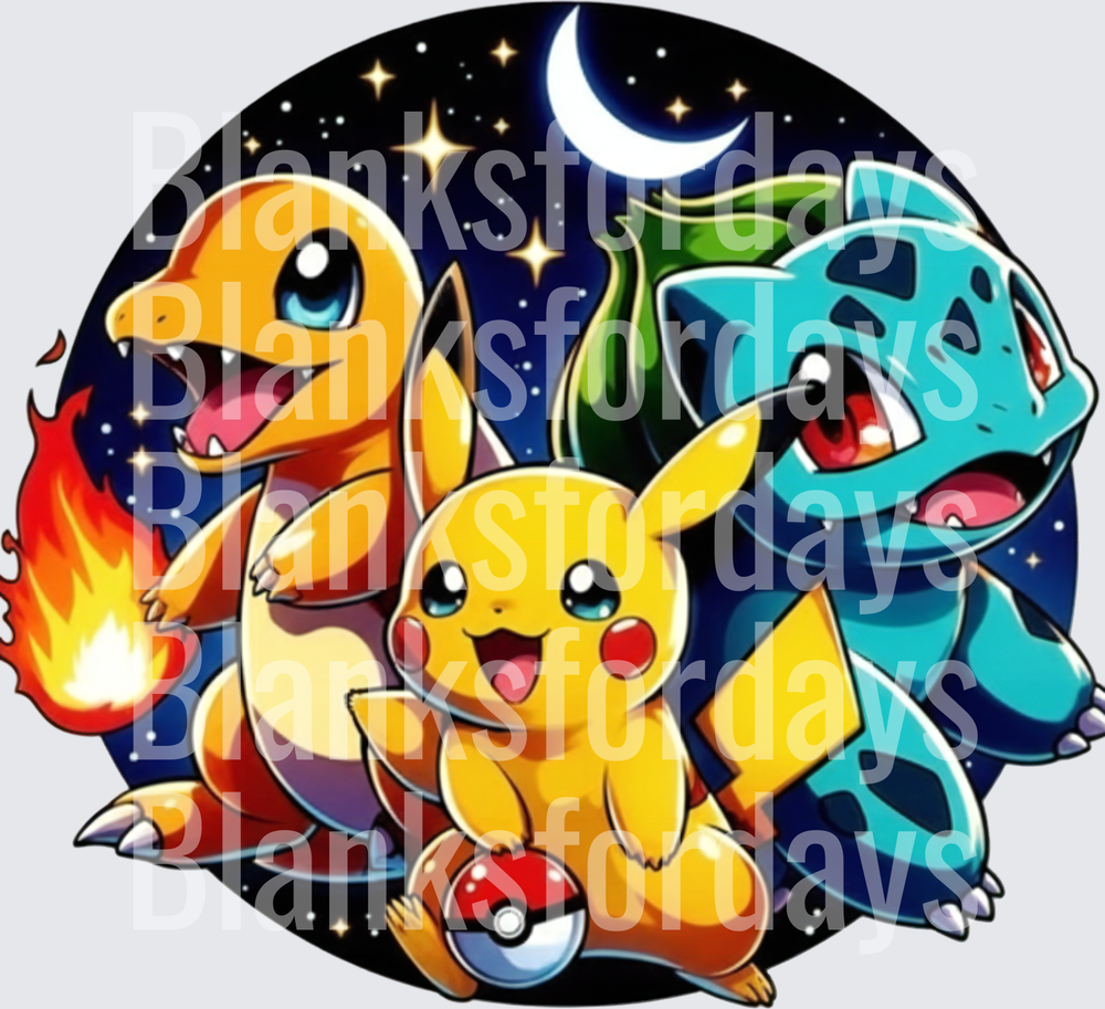 Pikachu Charmander Bulbasaur Nighttime Stars Moon Circle (DTF)