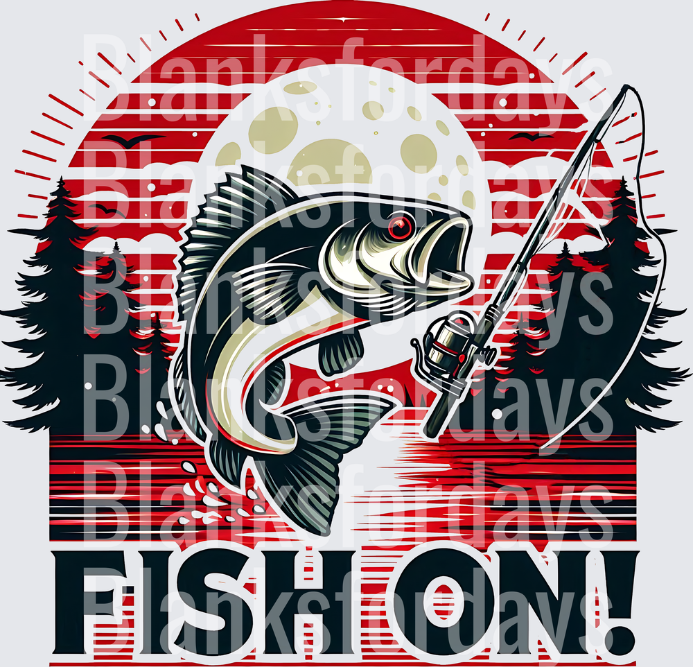 Fish On Jumping Bass Fishing Rod Red Sunset Moon Design (DTF)