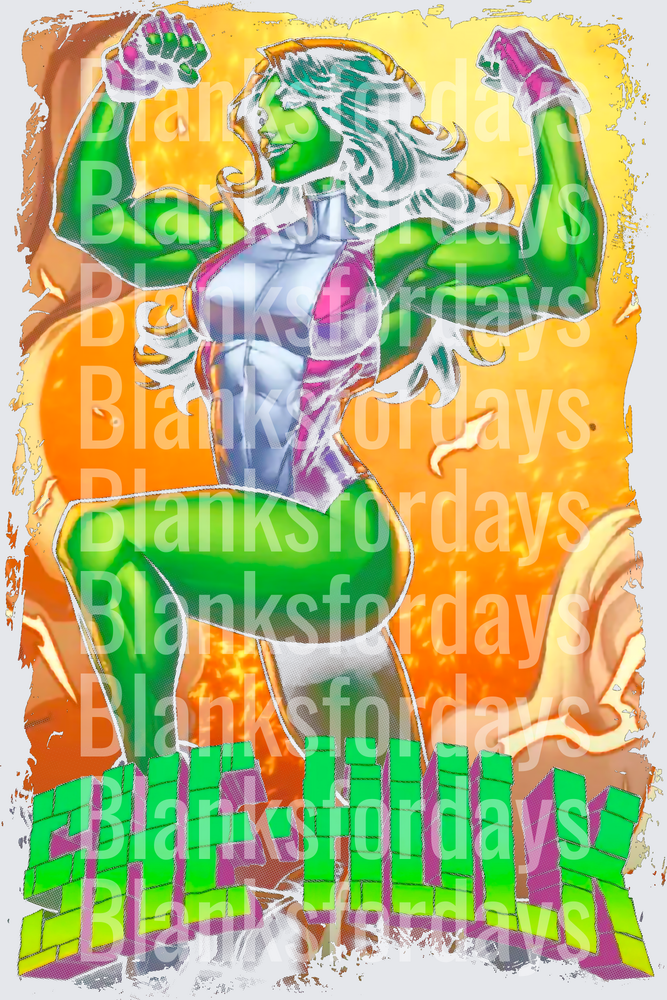 She-Hulk Flexing Muscles Comic Style Fiery Background (DTF)