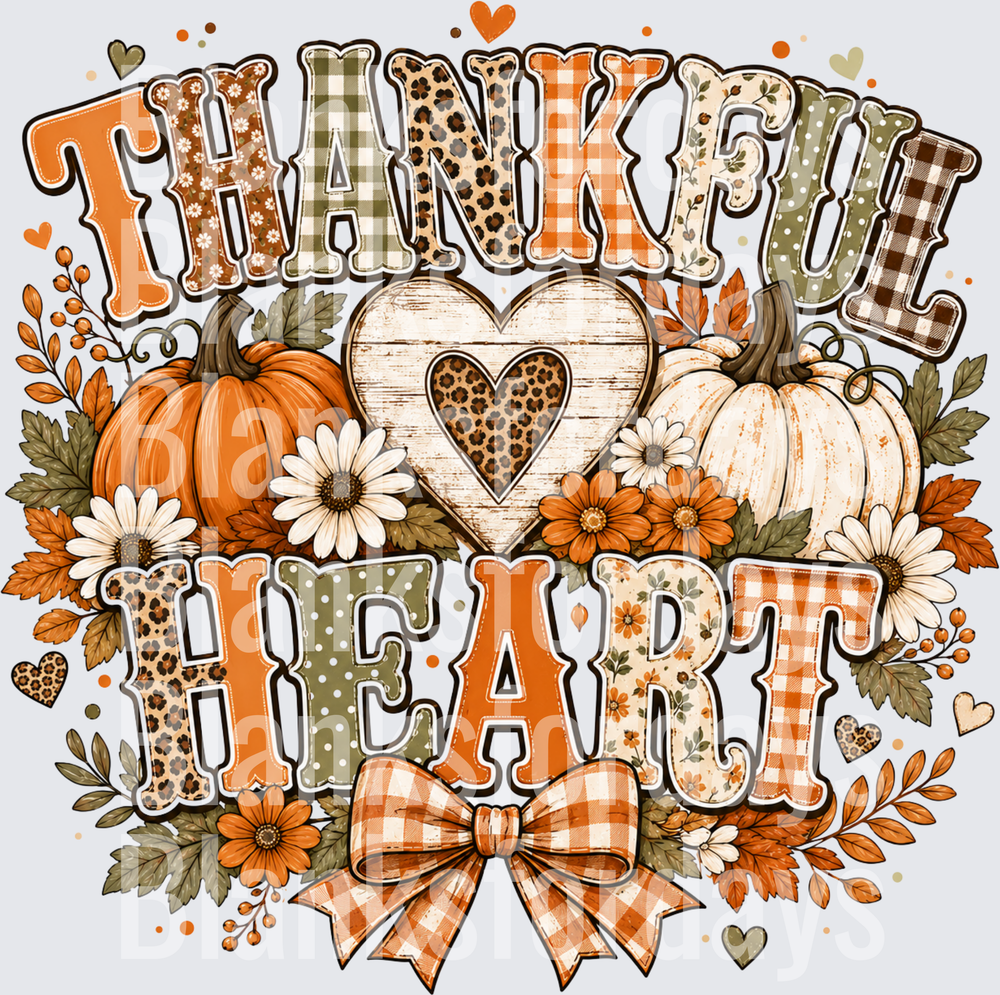 Thankful Heart Fall Pumpkins Leopard Plaid Floral Bow (DTF)