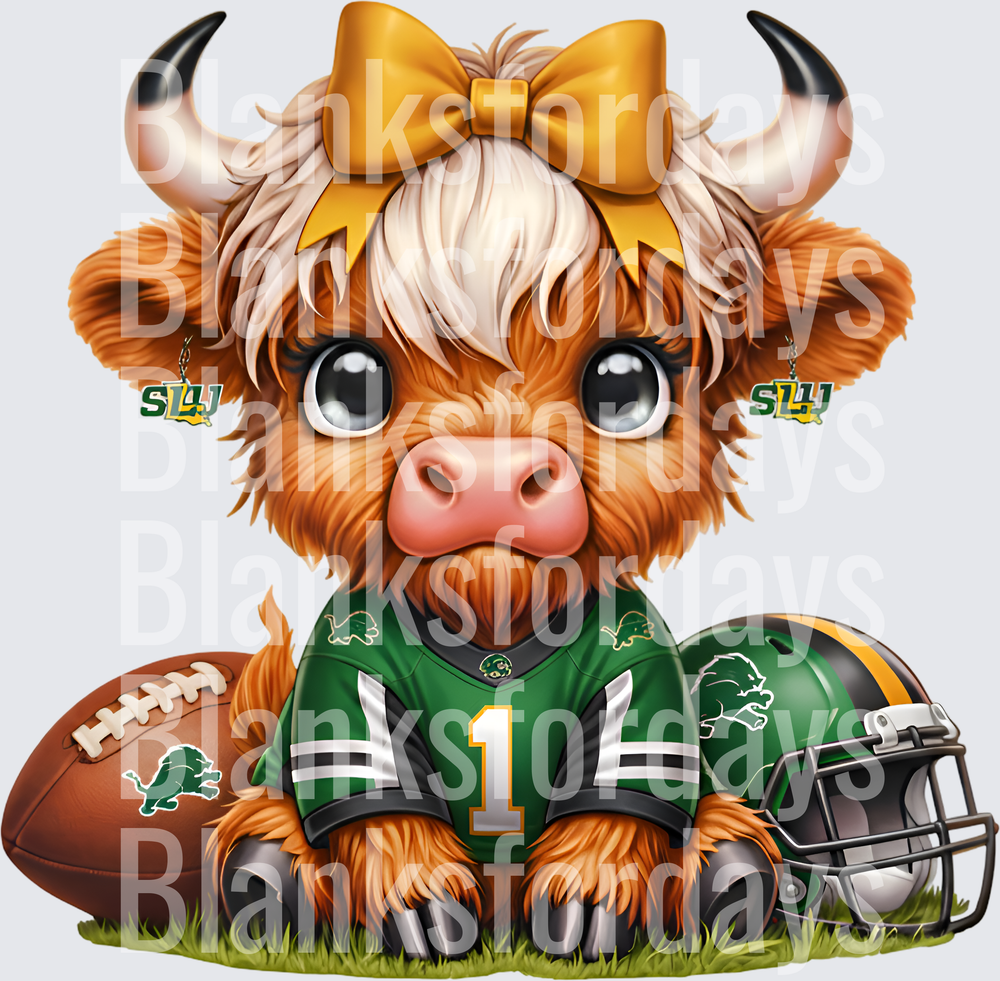 Cute Highland Cow SLU Lions Football Jersey Gold Bow (DTF)