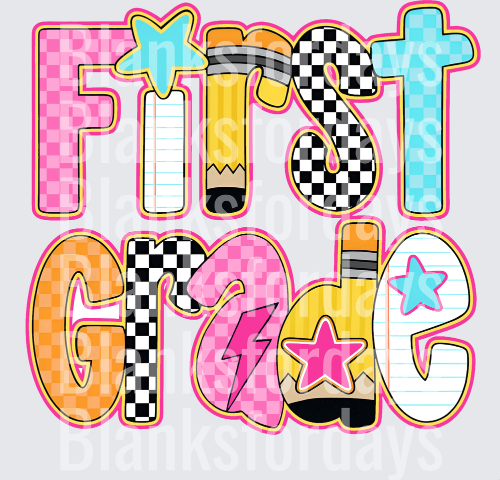 First Grade Colorful Doodle Lettering with Pencils and Stars (DTF)