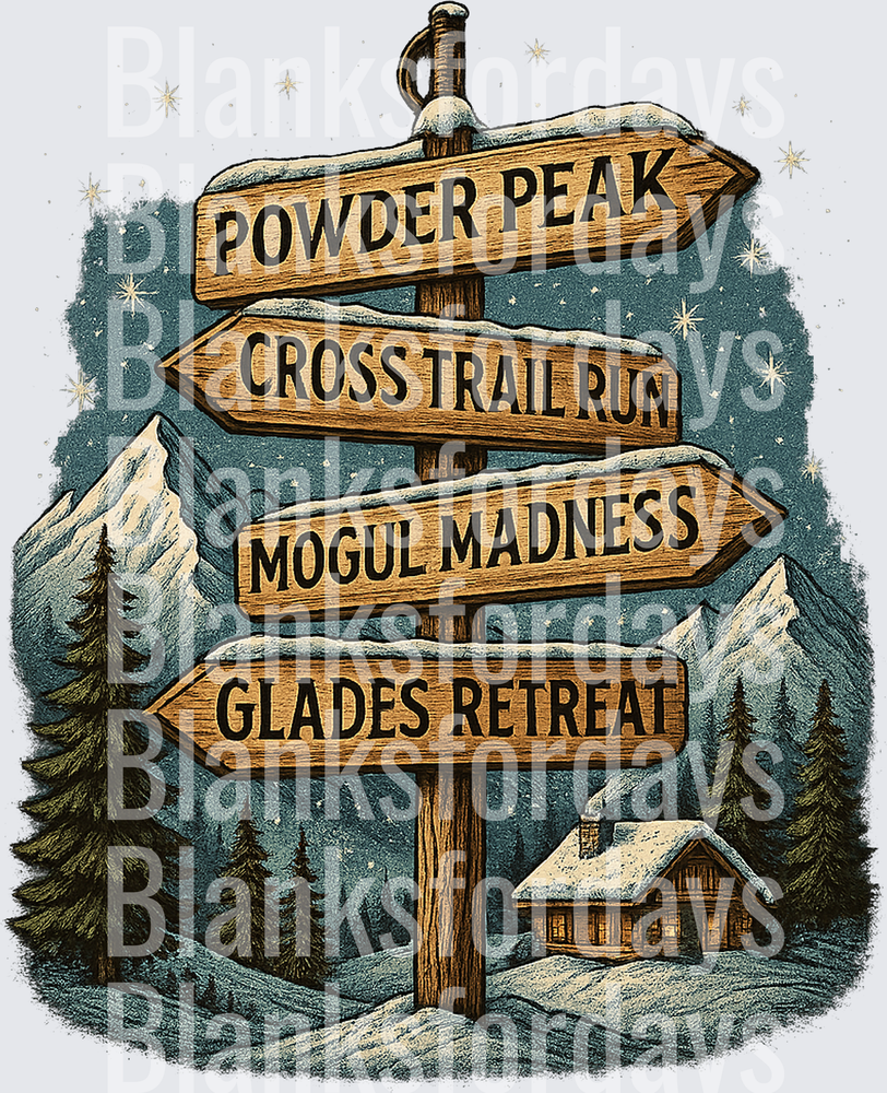 Ski Resort Wooden Trail Sign Winter Mountain Cabin Scene (DTF)