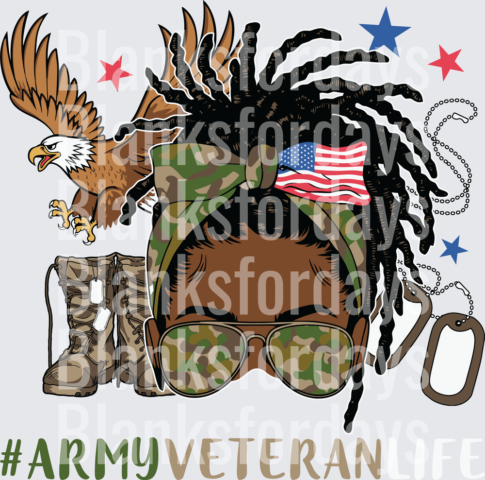 #ArmyVeteranLife Woman with Locs Camo Eagle Dog Tags (DTF)