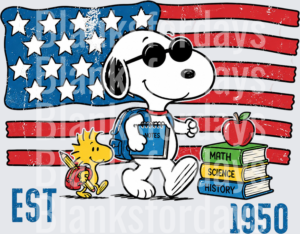 Snoopy and Woodstock Back to School American Flag Est 1950 (DTF)