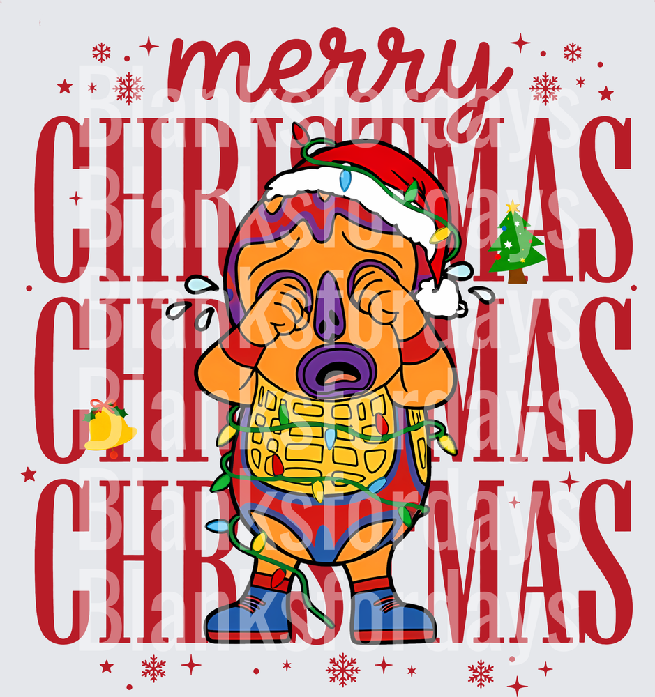 Merry Christmas Crying Mr. Peanut Tangled in Lights Santa Hat (DTF)