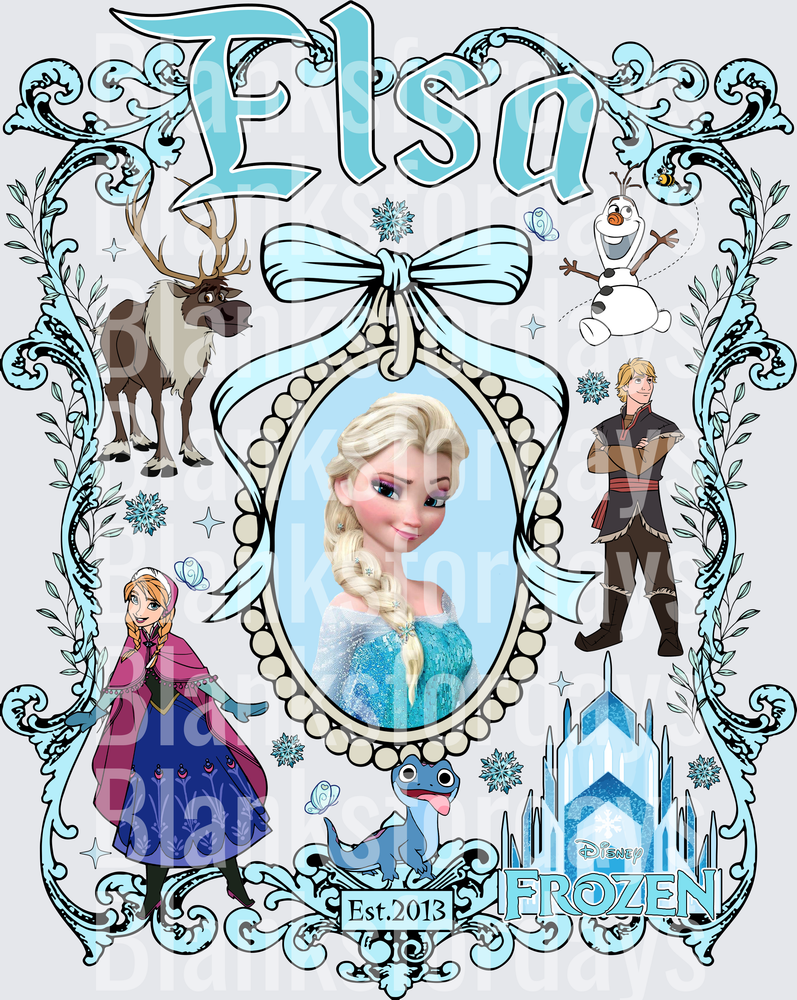 Elsa Frozen Est. 2013 Character Collage with Olaf Anna Kristoff Sven (DTF)