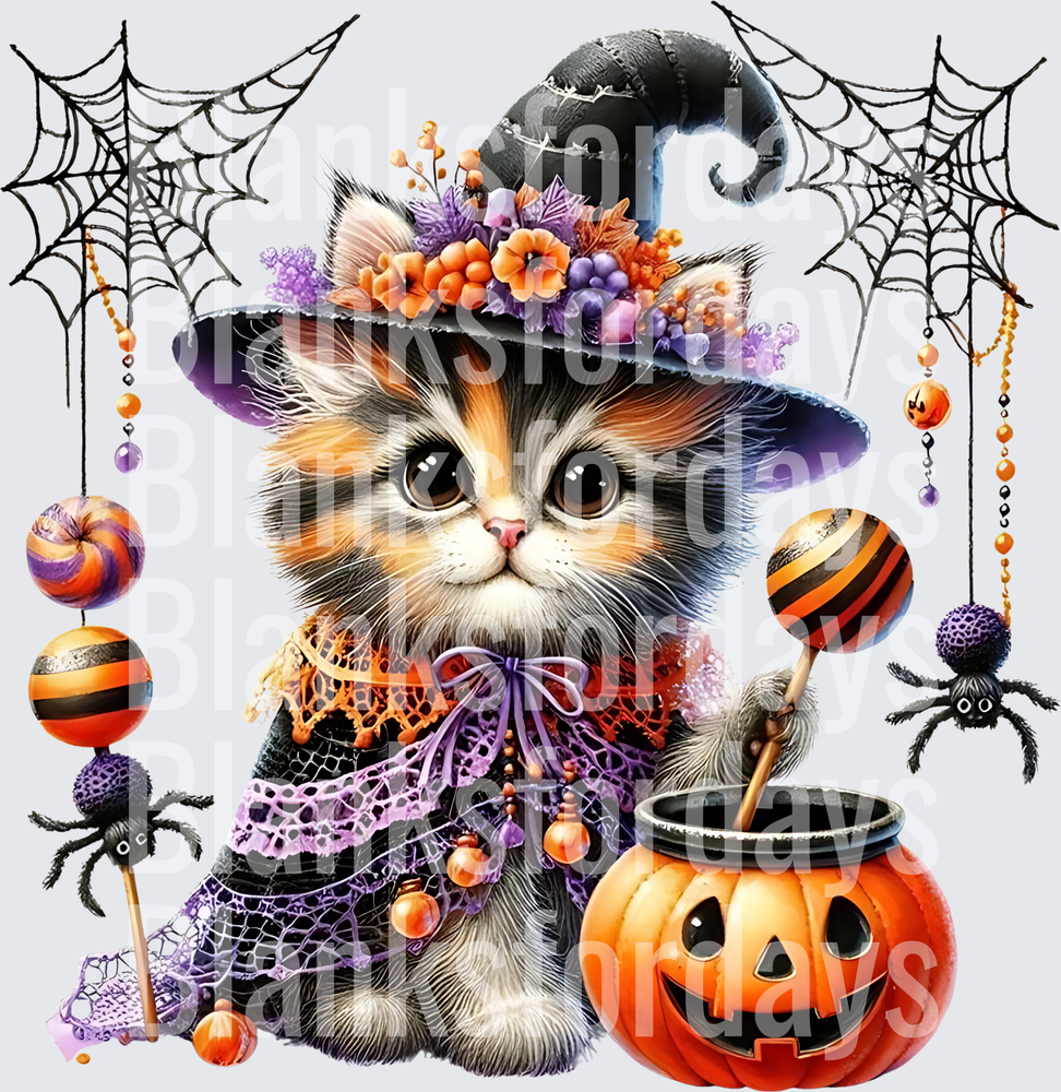 Cute Witch Kitten Halloween Pumpkin Spider Web Candy (DTF)