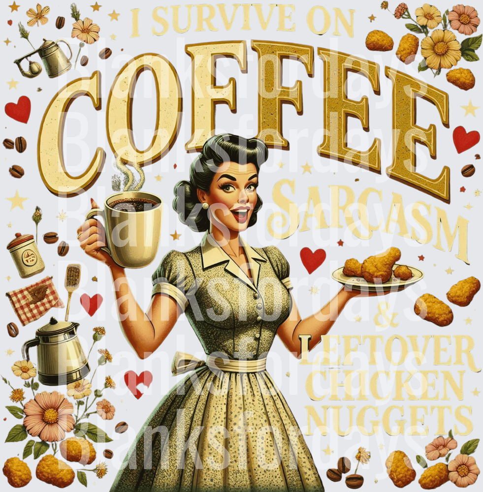I Survive On Coffee Sarcasm And Leftover Chicken Nuggets Retro Housewife (DTF)