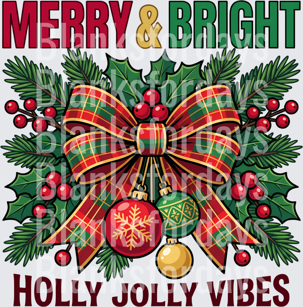 Merry & Bright Holly Jolly Vibes Plaid Bow Christmas Ornaments (DTF)