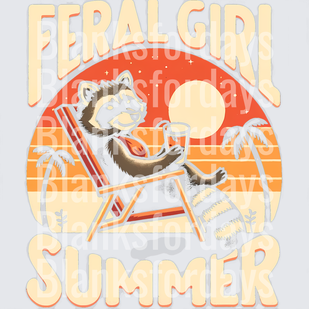 Feral Girl Summer Raccoon Relaxing on Beach Chair Retro Sunset (DTF)